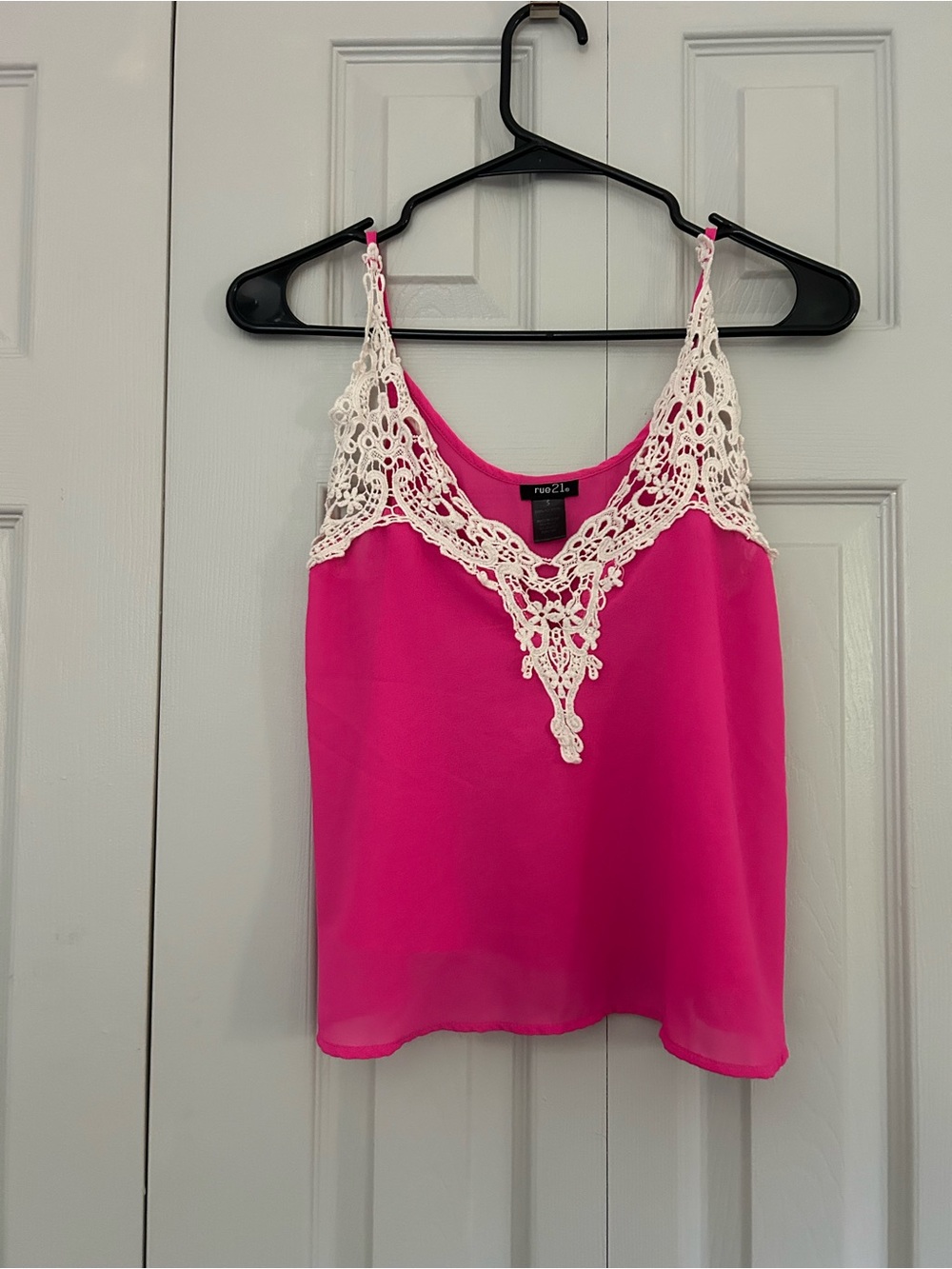 Rue21 Hot Pink Cami with White Crochet V-Neck